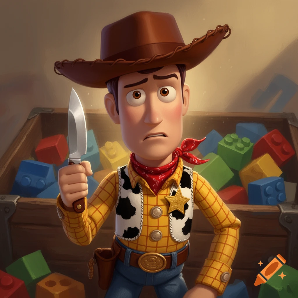 Woody from Toy Story looks worried while holding a knife, standing in front of a toy box filled with colorful building blocks in a 3D animated style.