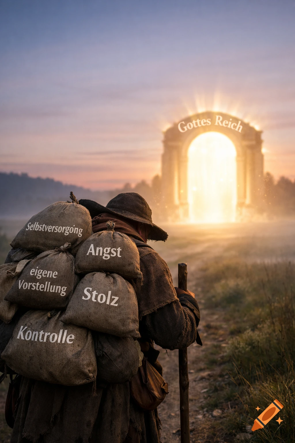A pilgrim carries sacks labeled 'Angst', 'Stolz', 'Kontrolle' toward a glowing archway inscribed 'Gottes Reich' at dawn.