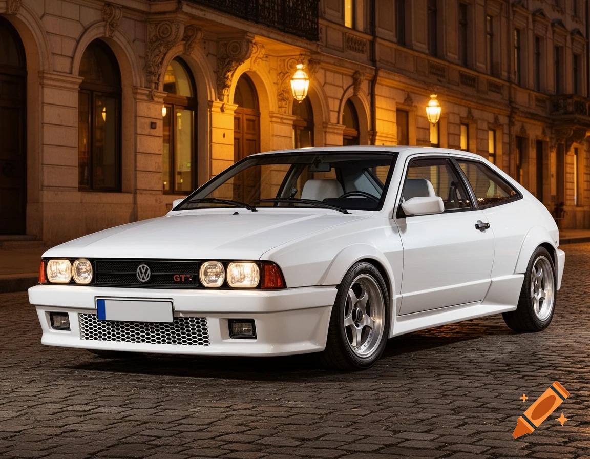 A white VW Scirocco GT car is parked on a cobblestone street in front of an old building at dusk.