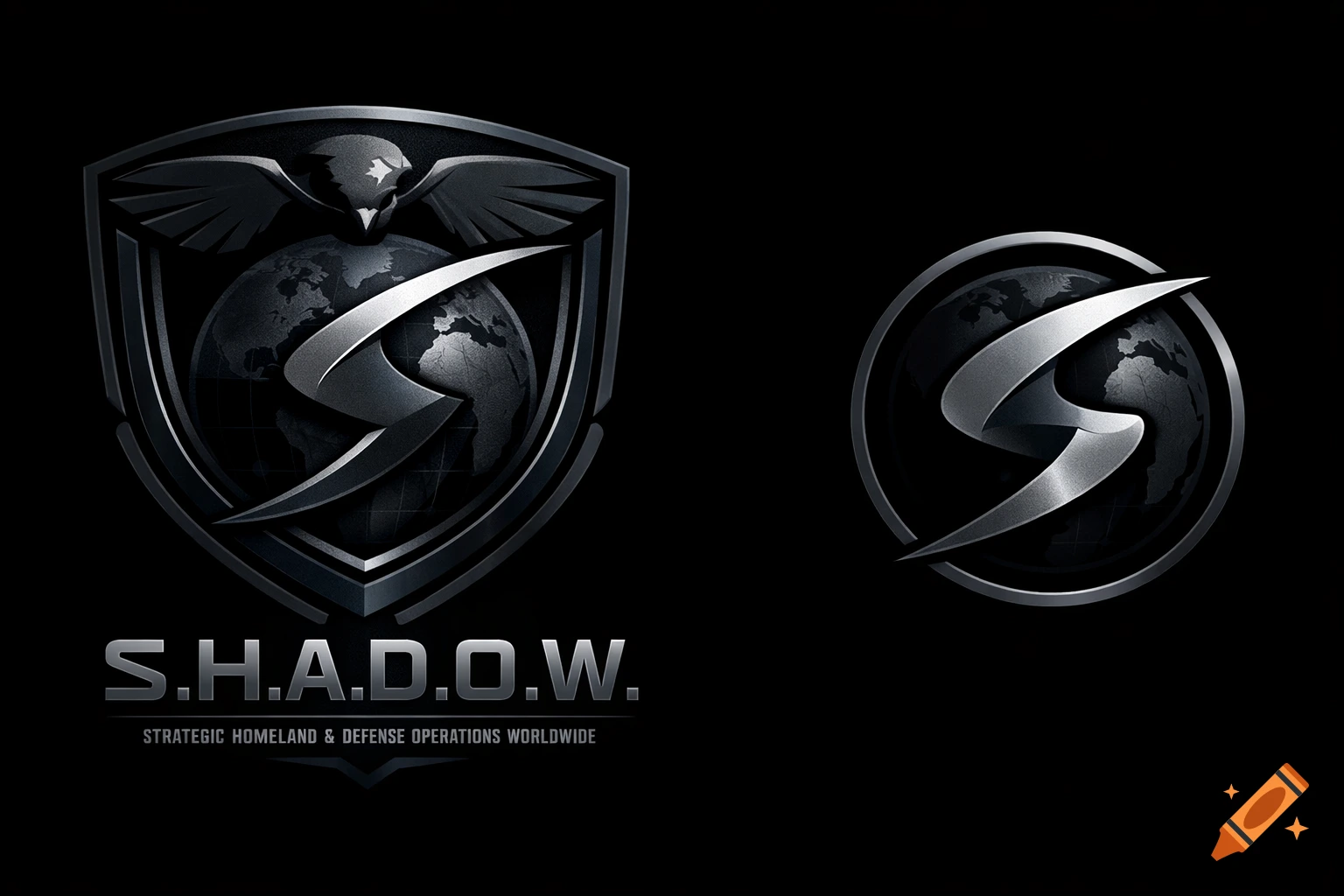 Two dark metallic S.H.A.D.O.W. logos: a shield with an eagle and globe, and a circular 'S' emblem with a globe.
