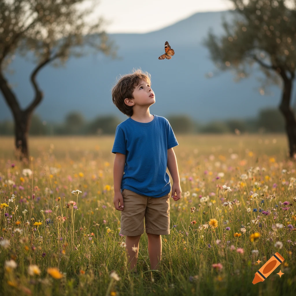 A young boy in a blue shirt stands in a field of wildflowers, looking ...