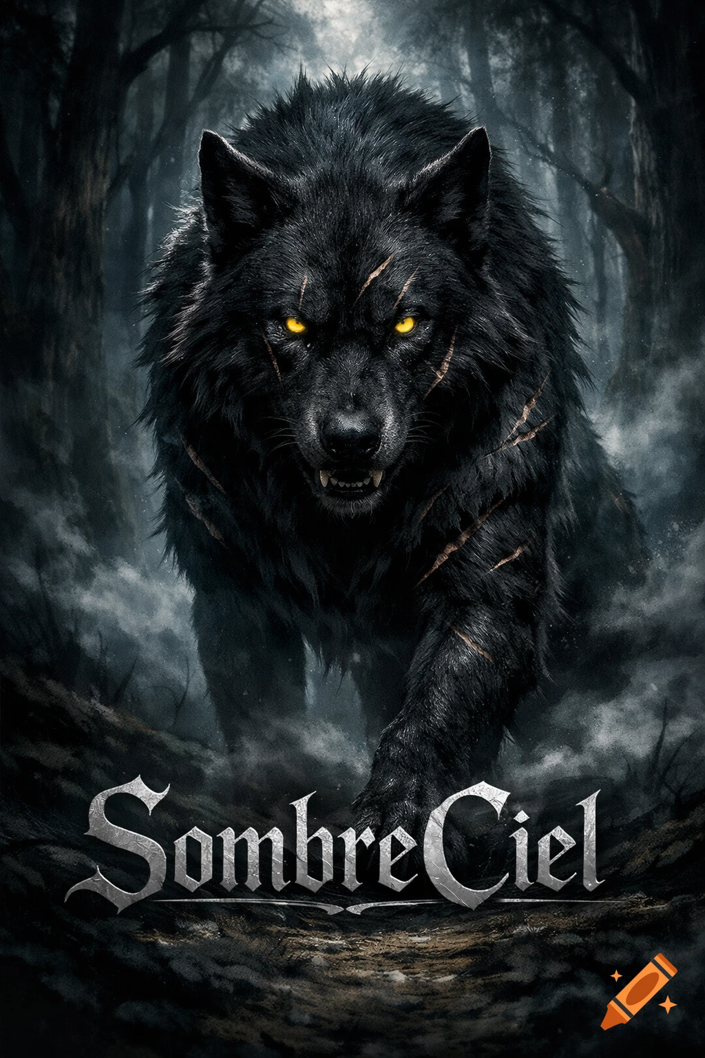 A fierce black wolf with glowing yellow eyes and scars emerges from a ...