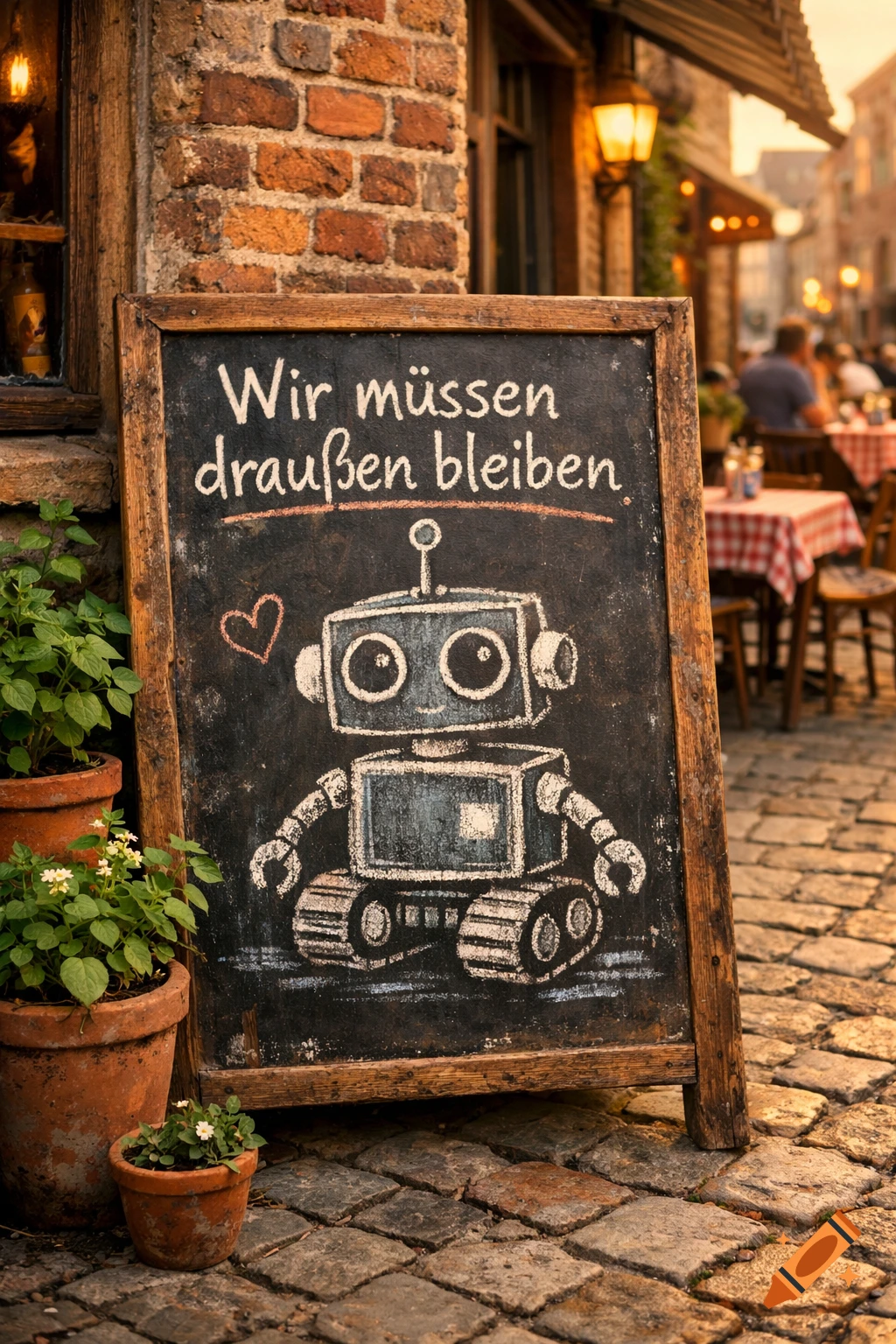 A close-up of a chalkboard sign outside a cafe at sunset, depicting a child's drawing of a robot and German text.