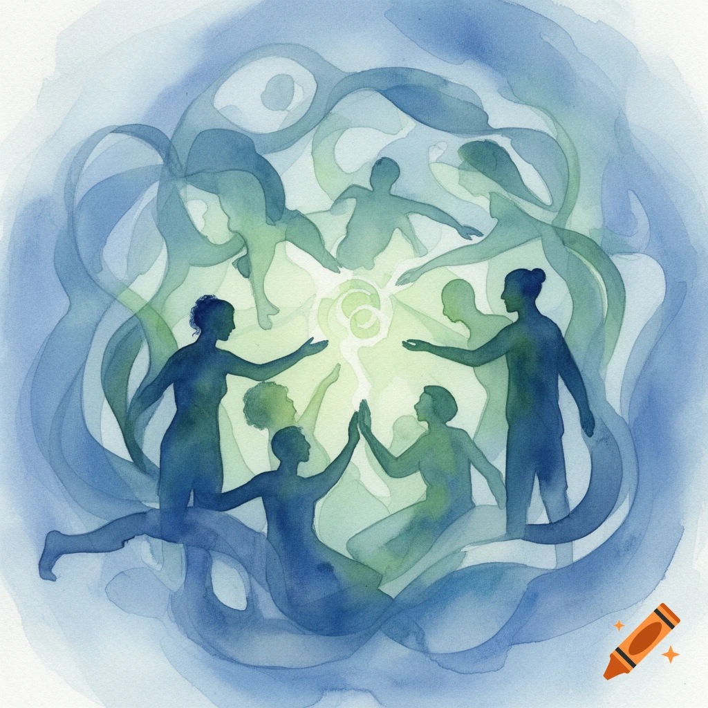 Watercolor illustration of abstract blue and green human figures forming a circle around a central glowing light, depicting community and connection.