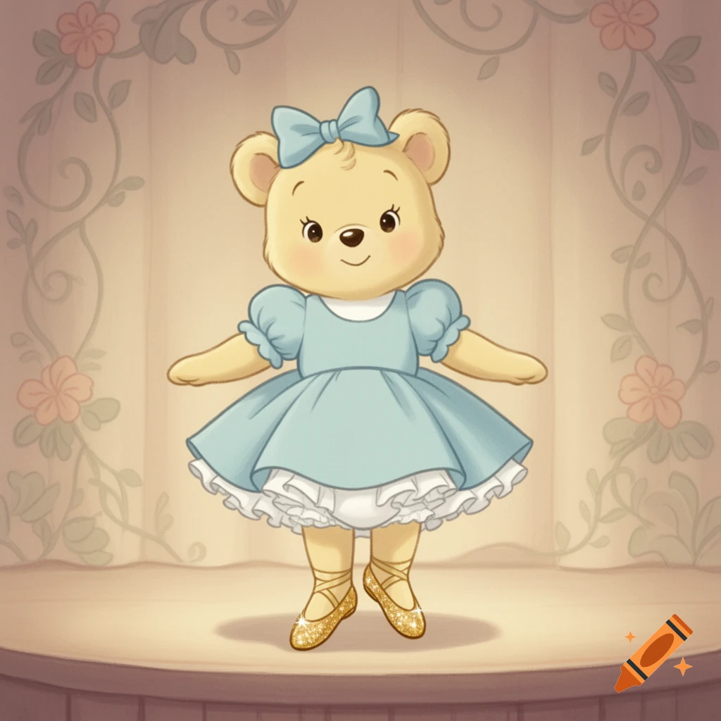 A light-yellow anthropomorphic bear wears a light-blue bow, dress, and golden ballerina flats, in a 1940s cartoon style.