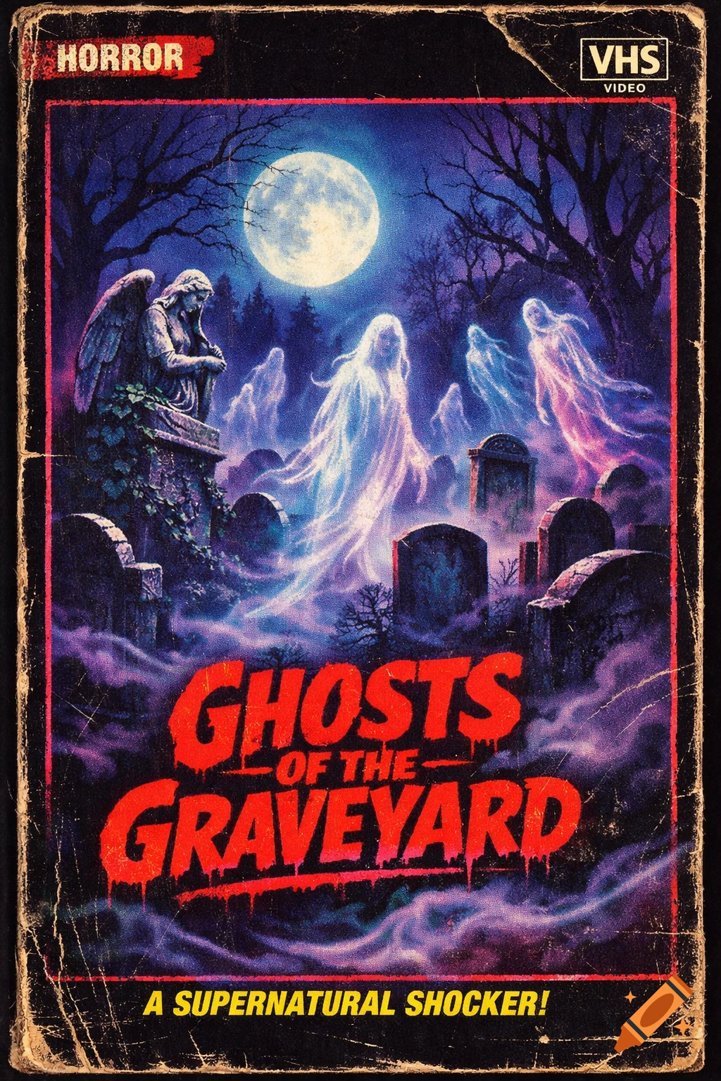 Vintage 1980s horror VHS cover art titled 'Ghosts of the Graveyard' featuring ethereal spirits floating over tombstones under a full moon.