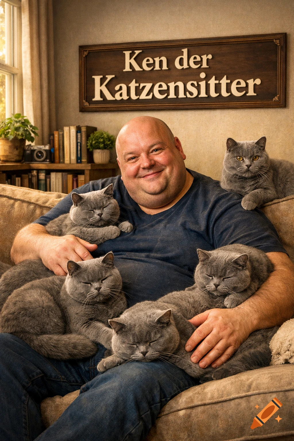A smiling, bald man on a couch with five gray British Shorthair cats, and a sign 'Ken der Katzensitter' above, photorealistic.