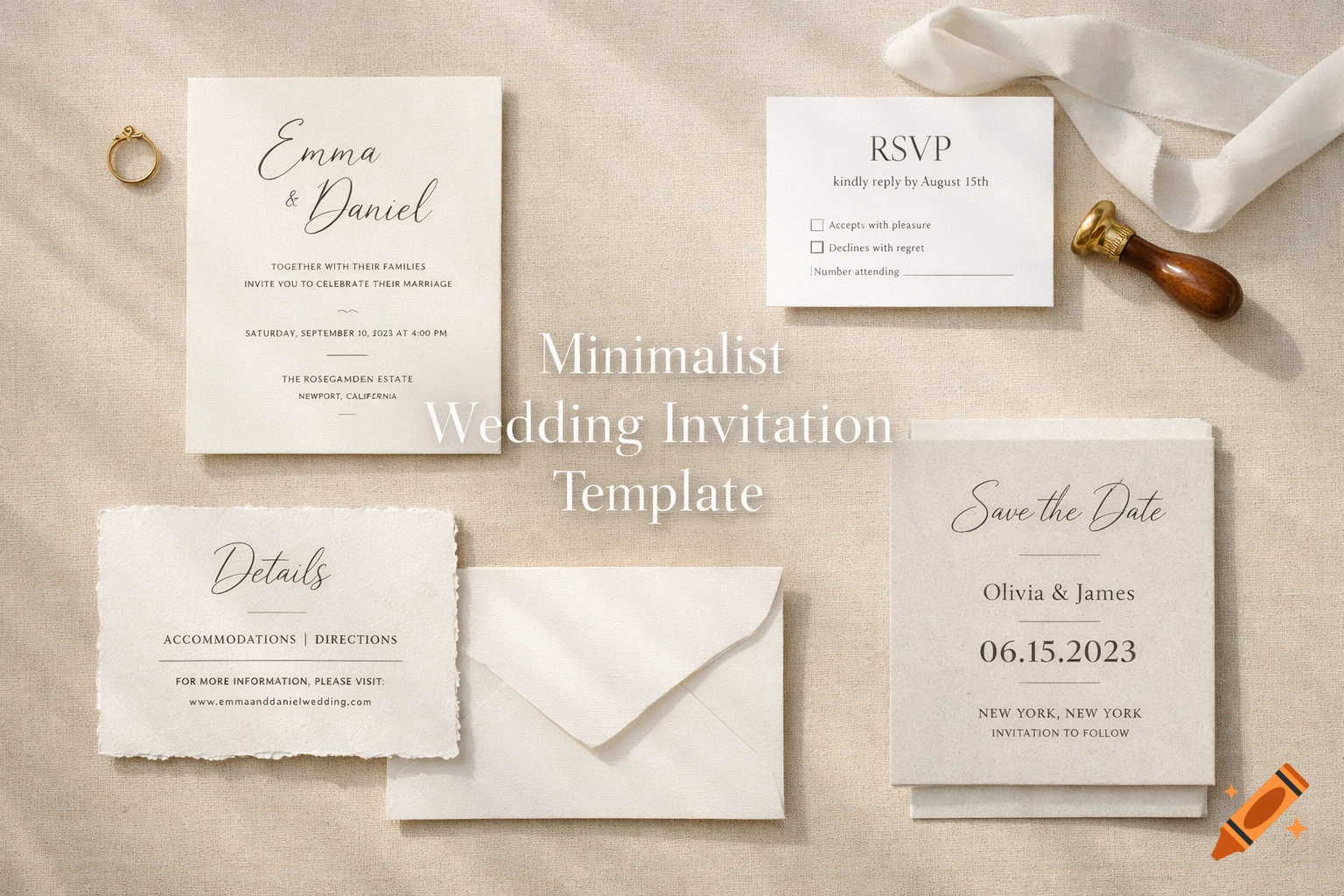 A flat lay photo of a minimalist wedding invitation suite, including an invitation, RSVP card, details card, and save the date, on a beige linen surface. An overlay reads "Minimalist Wedding Invitation Template".