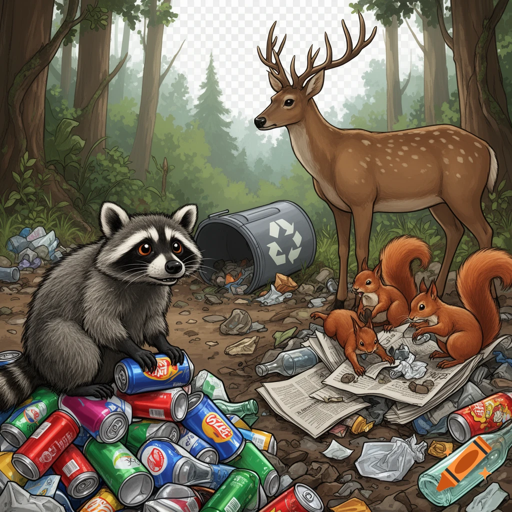 A raccoon sits on a pile of soda cans, a deer stands, and squirrels rummage through newspapers, all surrounded by trash in a forest with a transparent background.
