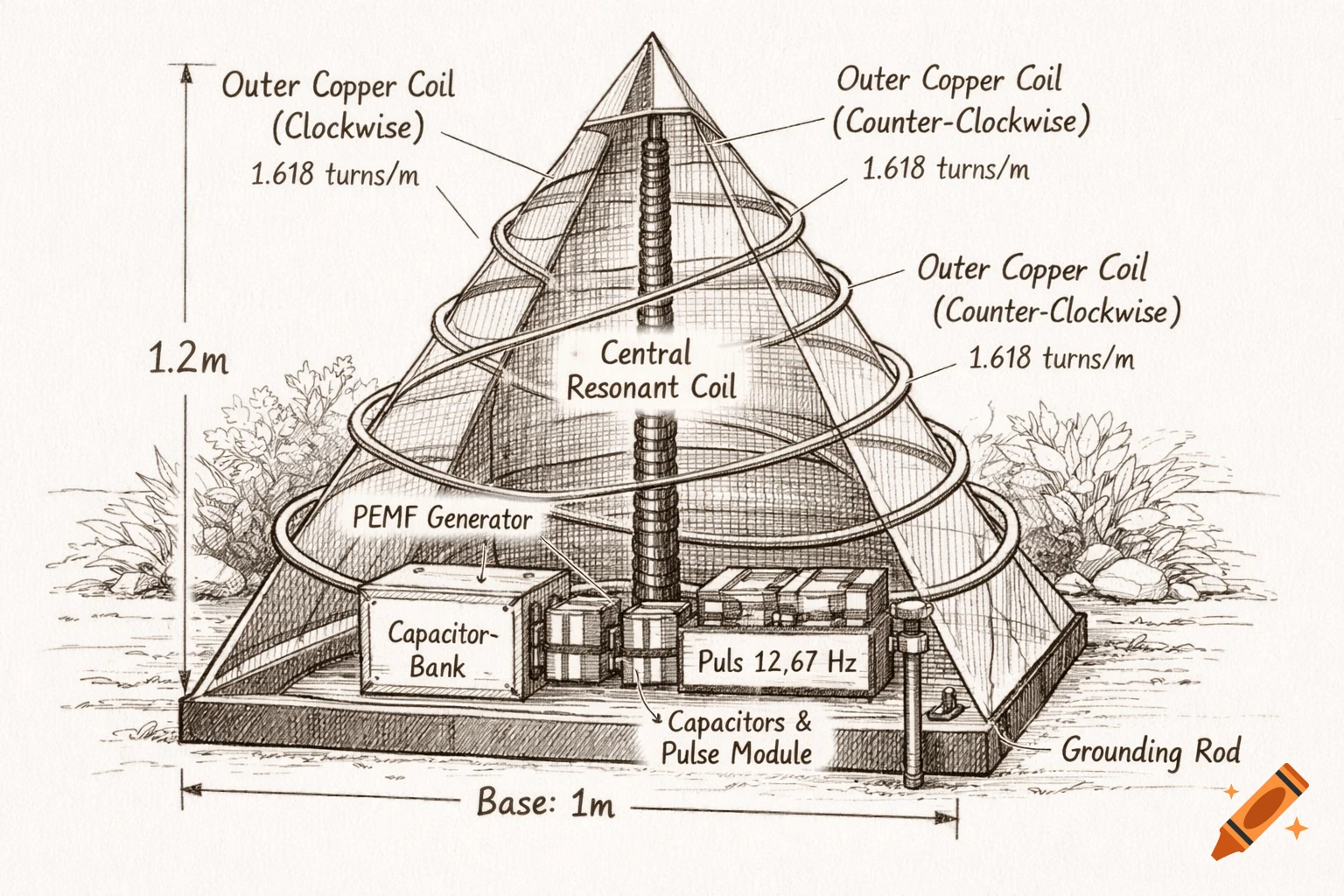 Detailed sepia-toned technical drawing of a pyramid structure with copper coils, a central resonant coil, and electronic components labeled, indicating dimensions and functions.