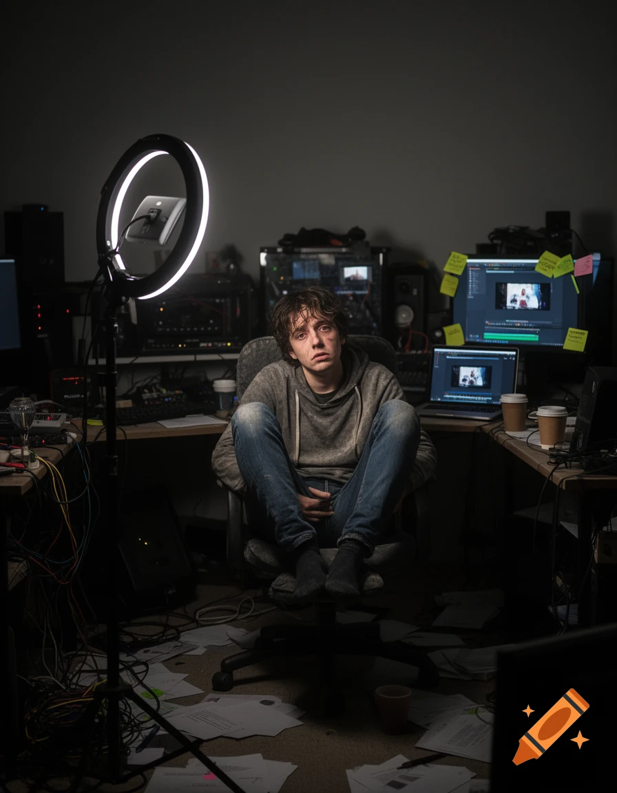 An overworked, stressed Youtuber sits cross-legged in an office chair, surrounded by messy cables, papers, and computer monitors in a dark room illuminated by a bright ring light.