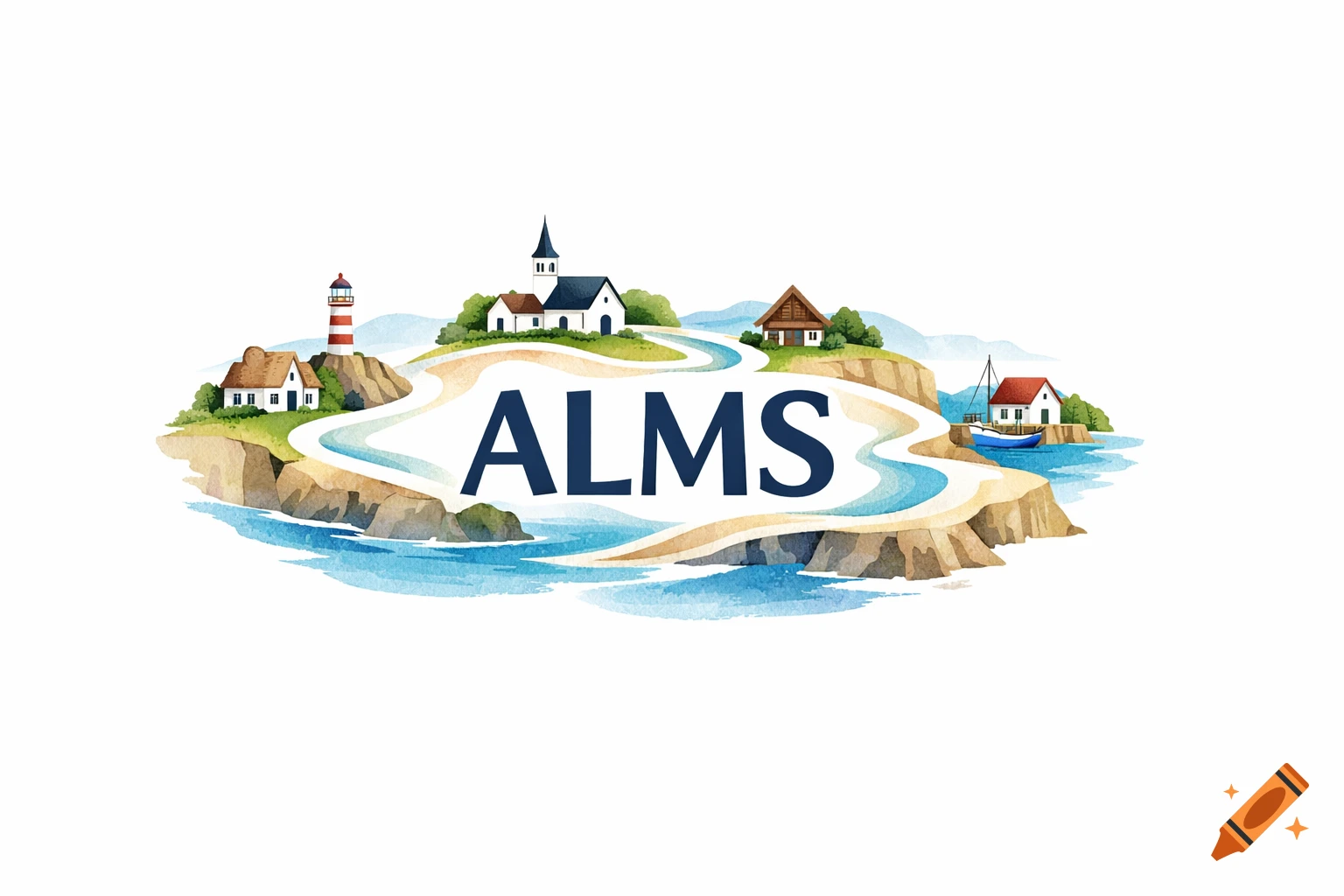 A watercolor logo depicting a coastal landscape with villages, a lighthouse, a boat, and the word 'ALMS' in the center.