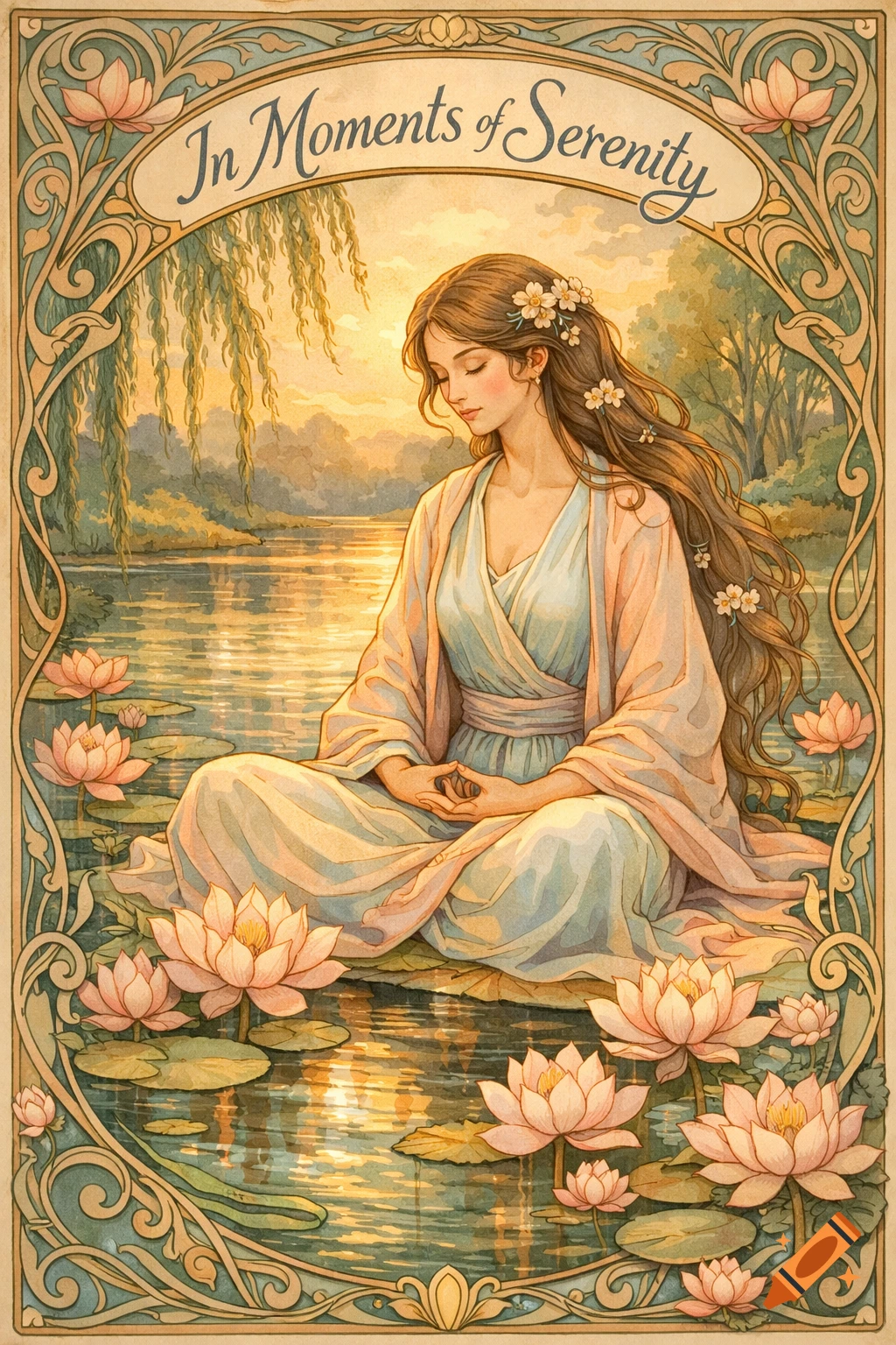 Art Nouveau poster of a woman meditating by a lotus pond at sunset, with text 'In Moments of Serenity'.