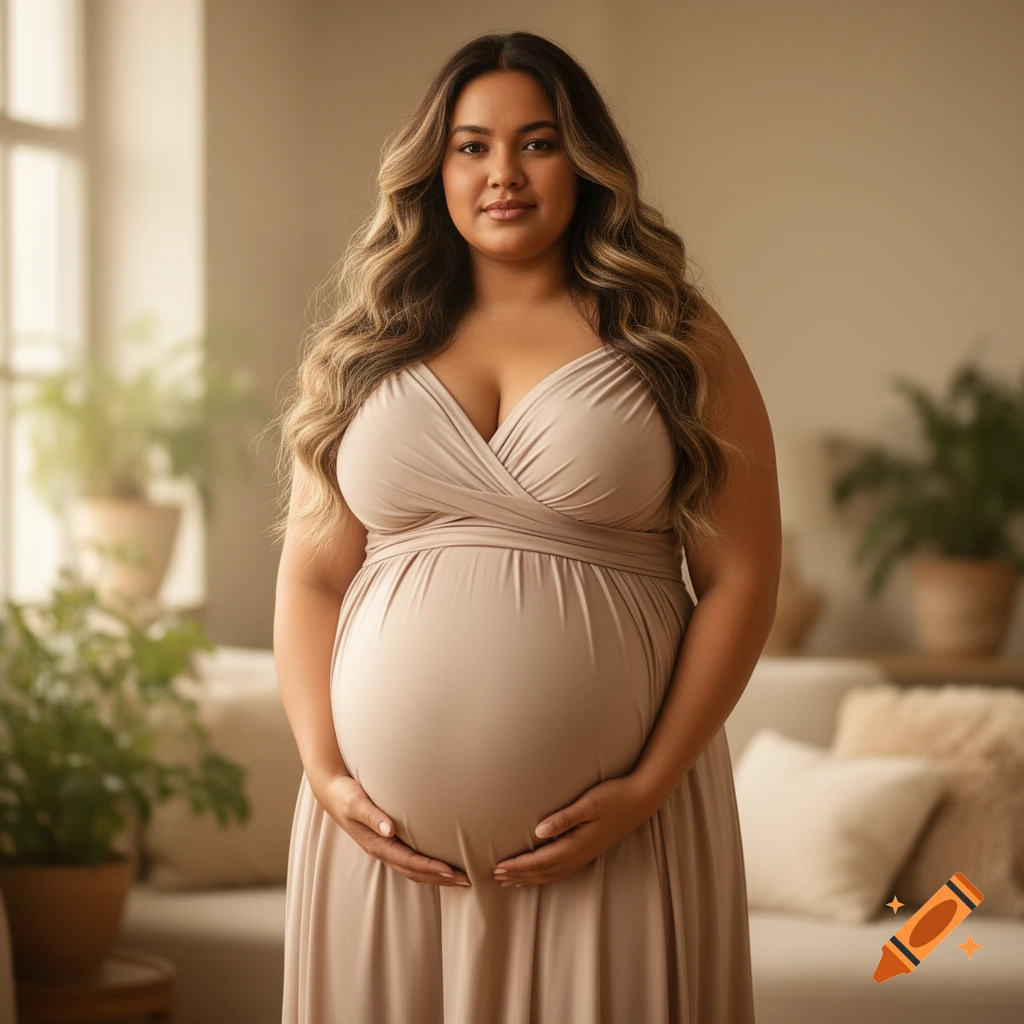 A pregnant woman with long wavy hair wears a beige wrap dress, gently holding her belly in a warm, softly lit room.