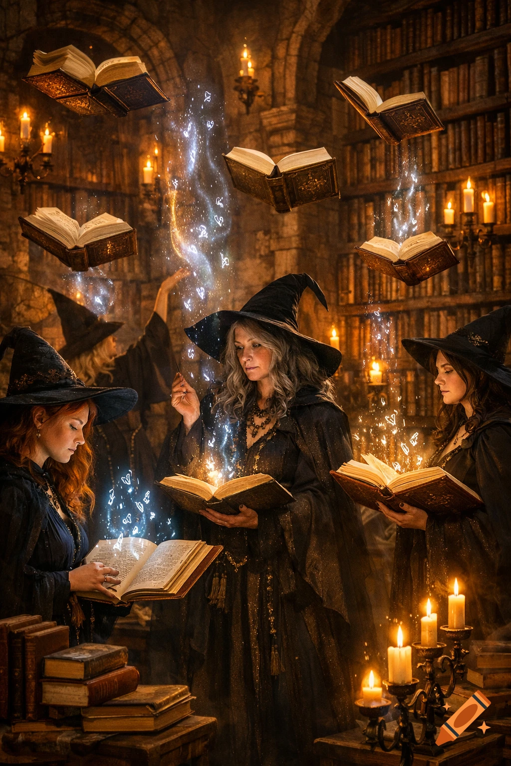 Four witches perform magic with glowing runes emerging from books in a mystical, candlelit library, photorealistic style.
