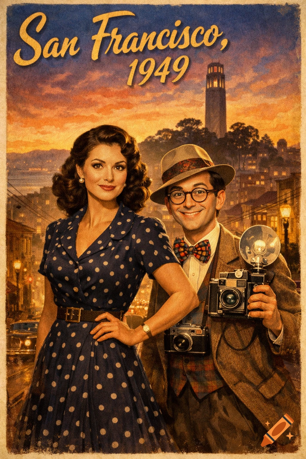 Vintage poster of a smiling woman in a polka dot dress and a man in a hat holding cameras, against a San Francisco city street with Coit Tower.