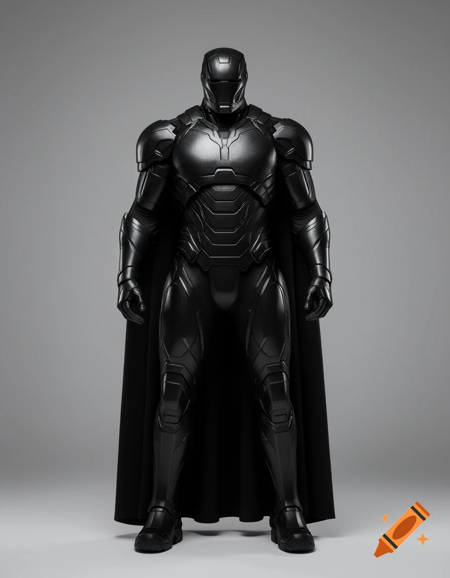 A full-body shot of a figure in a sleek, all-black armored suit with a cape, standing against a grey background.