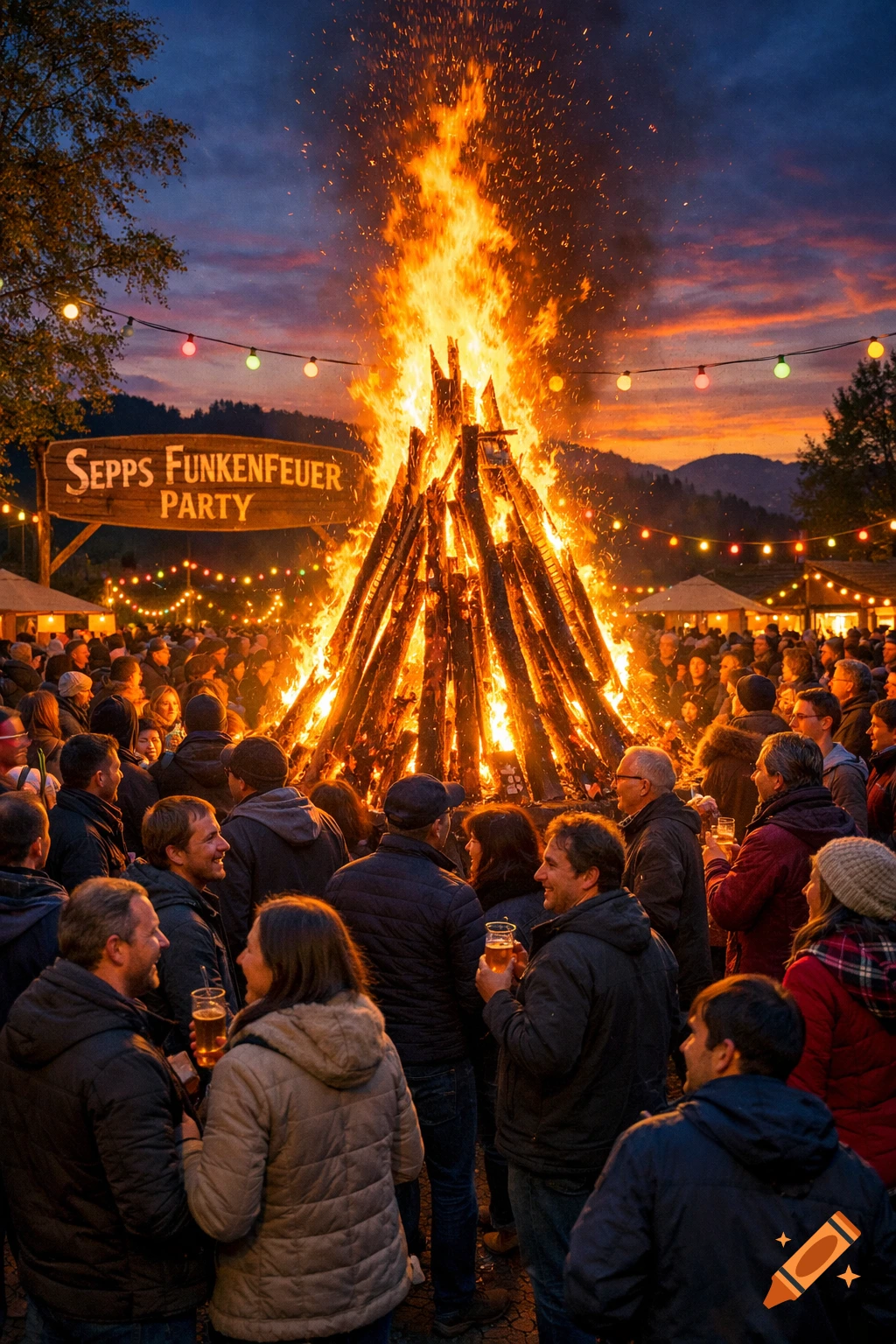 A large crowd gathers around a massive bonfire at dusk under string lights, with a sign reading 'Sepps Funkenfeuer Party'.