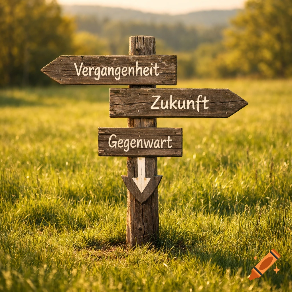 A wooden signpost in a sunny grassy field with signs pointing left to 'Vergangenheit' (Past), right to 'Zukunft' (Future), and down to 'Gegenwart' (Present).