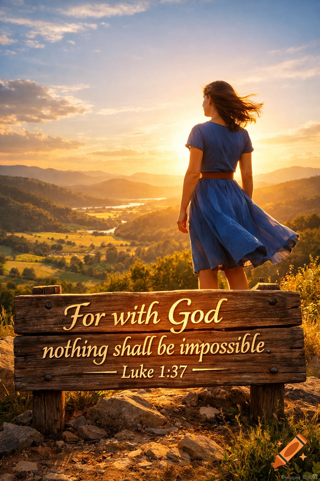 Woman in blue dress on mountain overlooks sunset valley, sign reads 'For with God nothing shall be impossible Luke 1:37'.