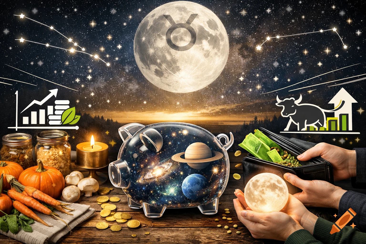 A surreal scene with a Taurus full moon, starry sky, piggy bank with a galaxy inside, autumn harvest items, and hands holding a wallet and glowing moon, with financial growth charts.