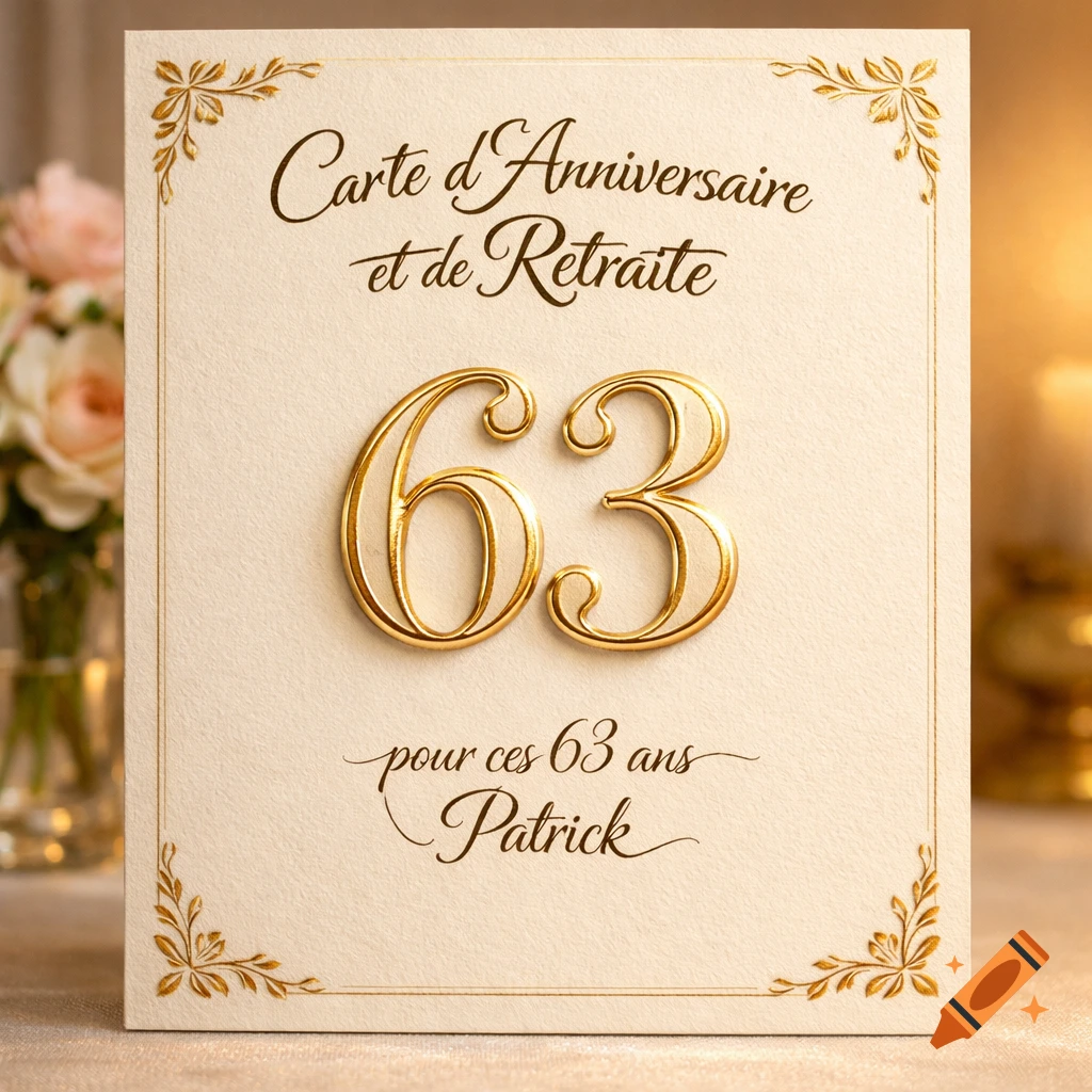 A formal cream-colored greeting card for a 63rd birthday and retirement, featuring gold embossed text, the number 63, and the name Patrick.