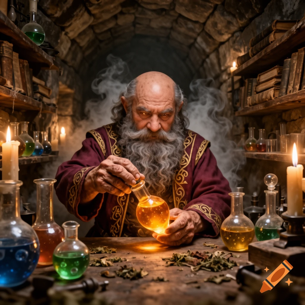 A wise, bearded alchemist in a dark stone cellar holds up a glowing, orange potion in a flask, surrounded by other vials and candles.