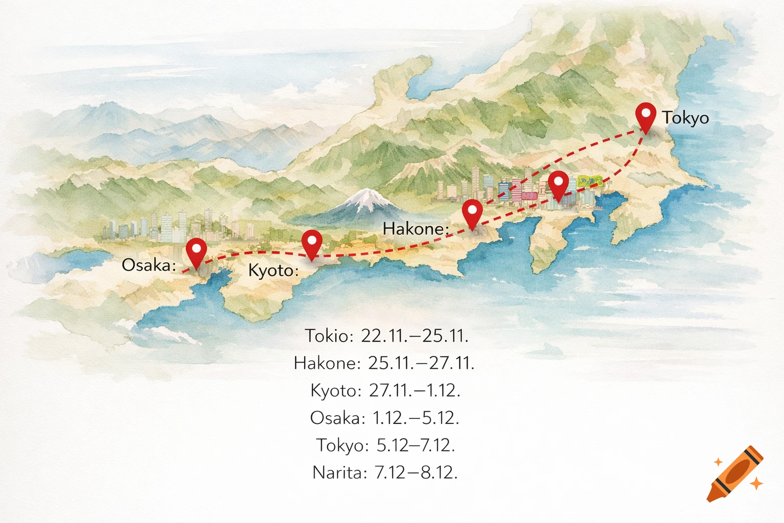 Watercolor map of Japan highlighting a travel route with pins for cities like Tokyo, Hakone, Kyoto, and Osaka. A list of dates for each location is below the map.