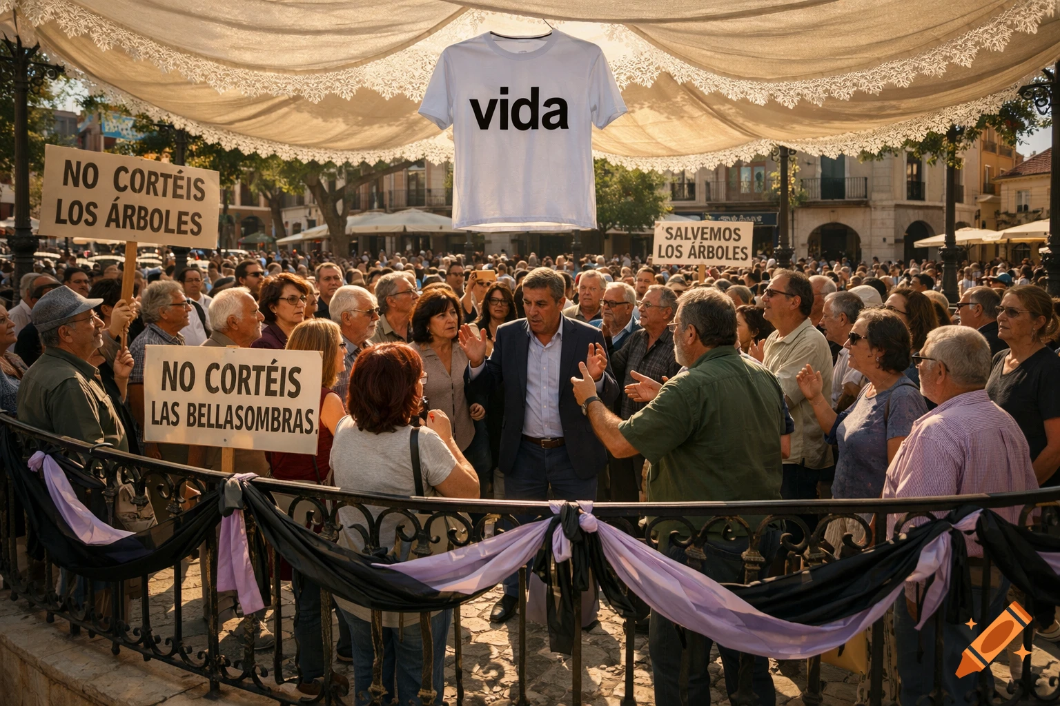A large crowd of people gathered in a plaza, holding signs that read "NO CORTÉIS LOS ÁRBOLES" and "NO CORTÉIS LAS BELLASOMBRAS". A white T-shirt with the word "vida" is suspended above them. A man in a suit addresses the crowd.