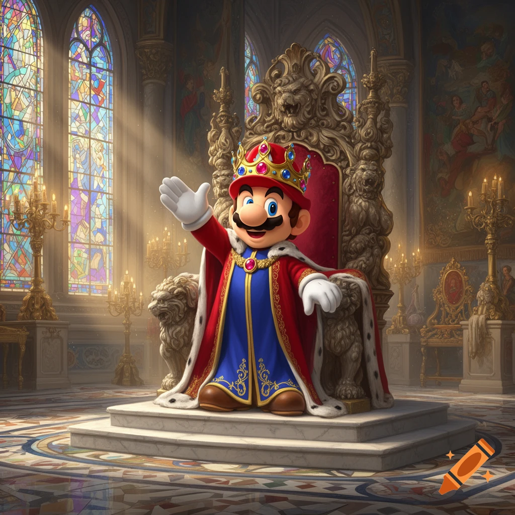 Mario, dressed as a king in a red and blue robe with a crown, sits on an ornate golden throne in a grand hall with stained glass windows.