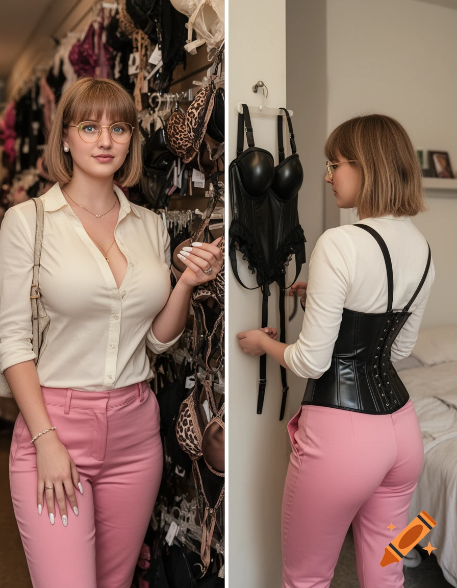 A split image shows a woman in a white shirt and pink pants. On the left, she is in a lingerie shop, looking at items. On the right, she is at home, trying on a black leather corset over her shirt.
