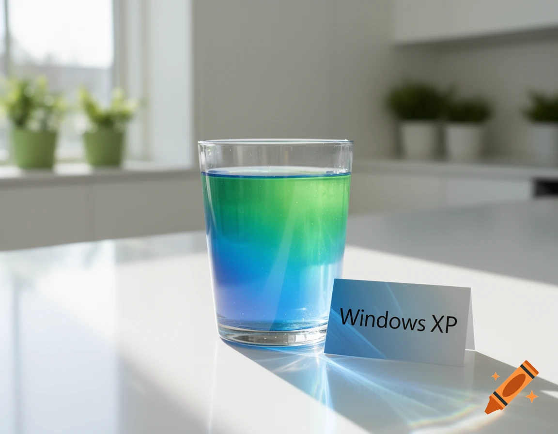 A clear glass with blue and green liquid and a 'Windows XP' card sits on a white kitchen counter in a bright, sunny room.