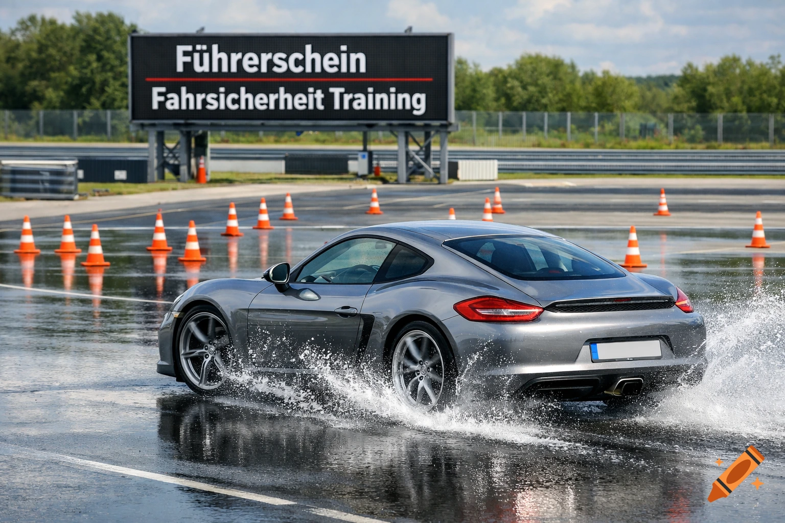 A silver sports car drives through a puddle, splashing water on a wet track lined with orange cones, with a sign in the background.
