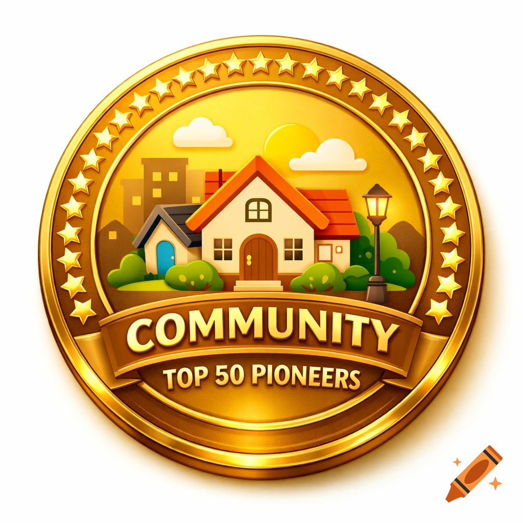 A golden circular badge with a cartoon illustration of houses and buildings, surrounded by stars. The badge reads "COMMUNITY" and "TOP 50 PIONEERS" on a ribbon.