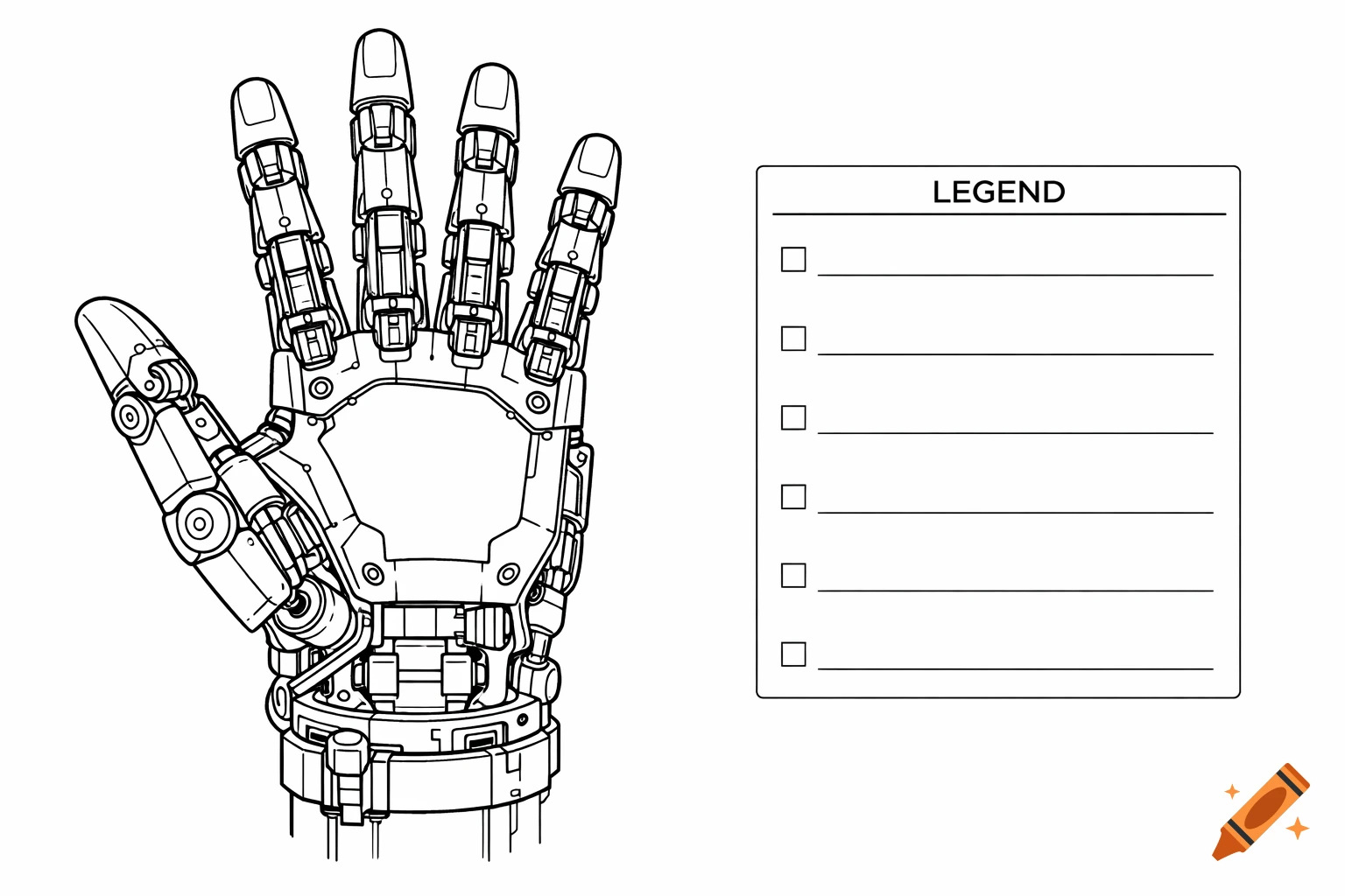 A detailed line drawing of a robotic right hand with the palm facing forward, next to an empty legend box with the word LEGEND at the top.