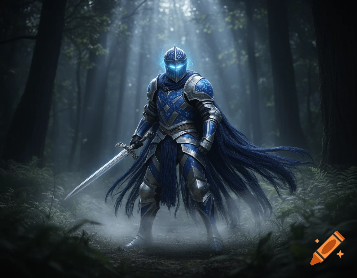 A blue mystic knight in glowing armor holding a sword stands in a foggy forest with light rays shining through the trees.