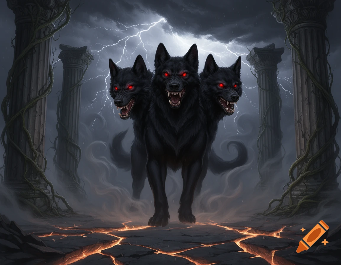 A fierce, three-headed black Cerberus with glowing red eyes stands among ancient ruins and lava cracks under a stormy, lightning-filled sky.