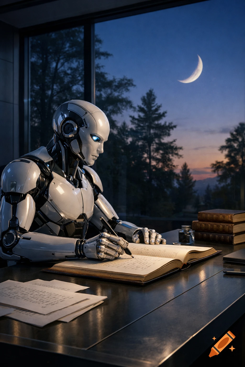 Photorealistic humanoid robot writes in a ledger by hand, overlooking a twilight forest with a crescent moon.