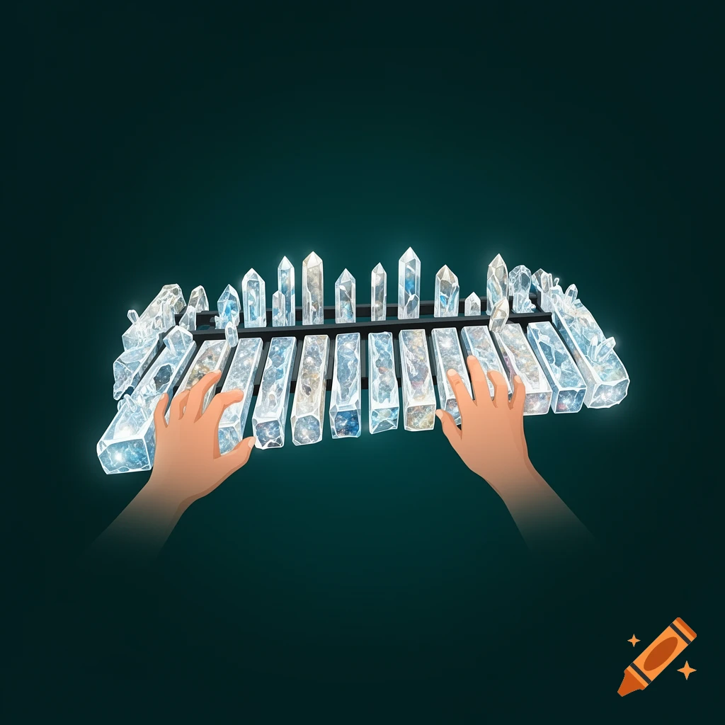 Two hands playing a glowing keyboard made of ice-like crystals on a dark background.