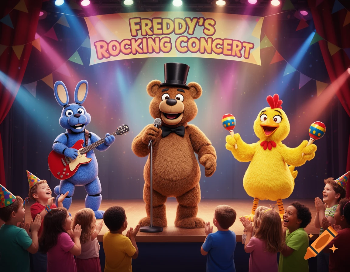 Freddy Fazbear-like bear, bunny, and chicken mascots perform on a brightly lit stage for an audience of clapping children.