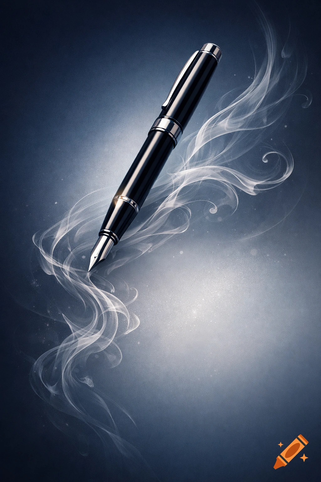 Elegant black and silver fountain pen floats diagonally, surrounded by white smoke on a textured dark blue gradient background.
