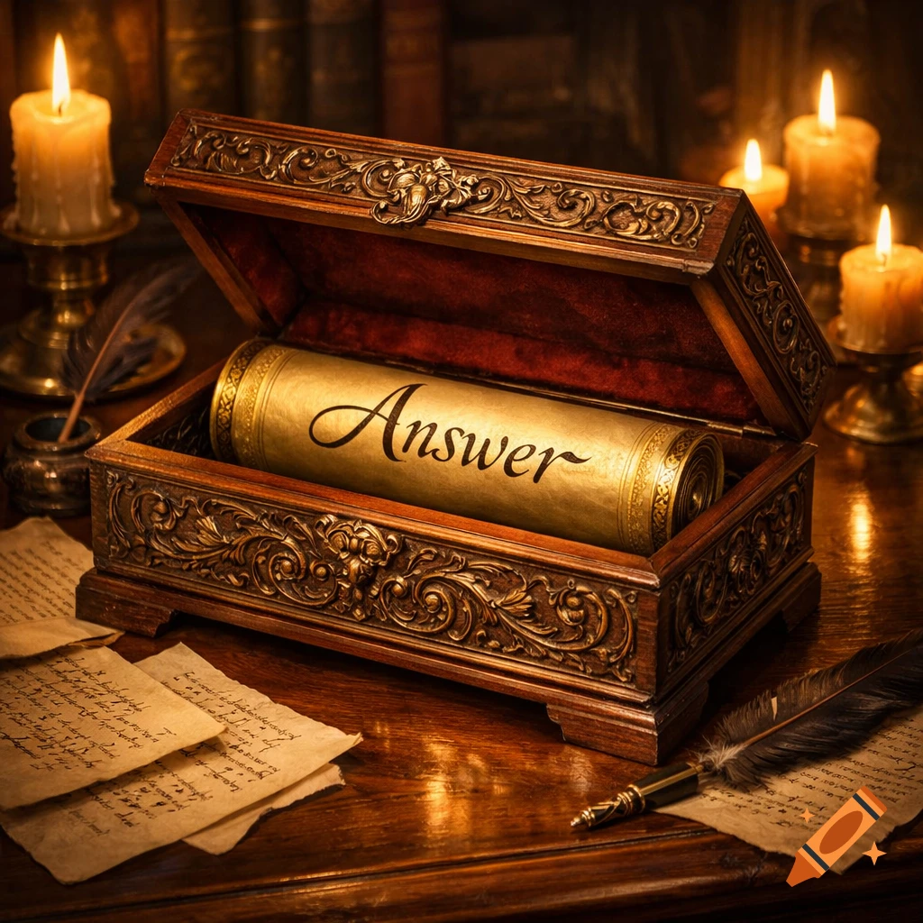 An ornate wooden box holds a scroll inscribed with "Answer", surrounded by candlelight, an inkwell, and scattered old papers on a dark table.