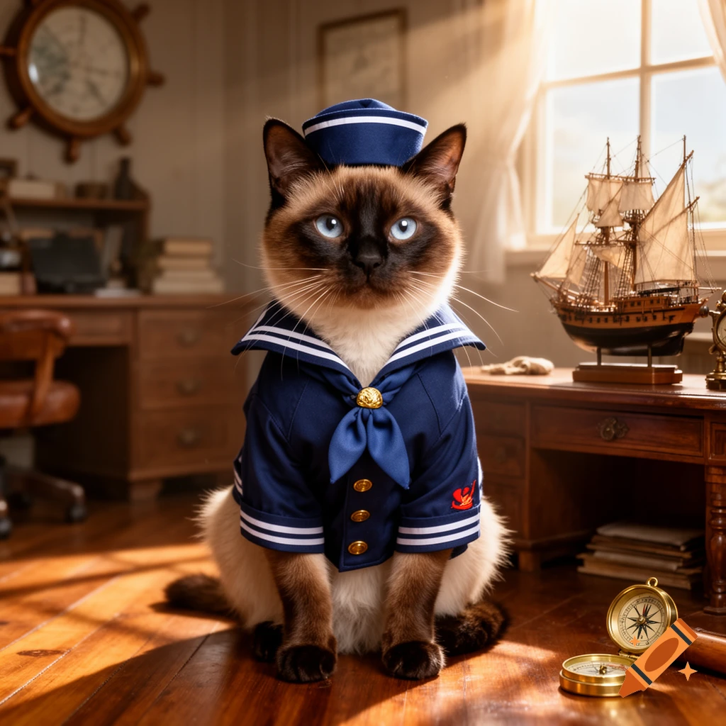 Photorealistic Siamese cat dressed in a blue sea scout uniform, sitting on a wooden floor with nautical decor.