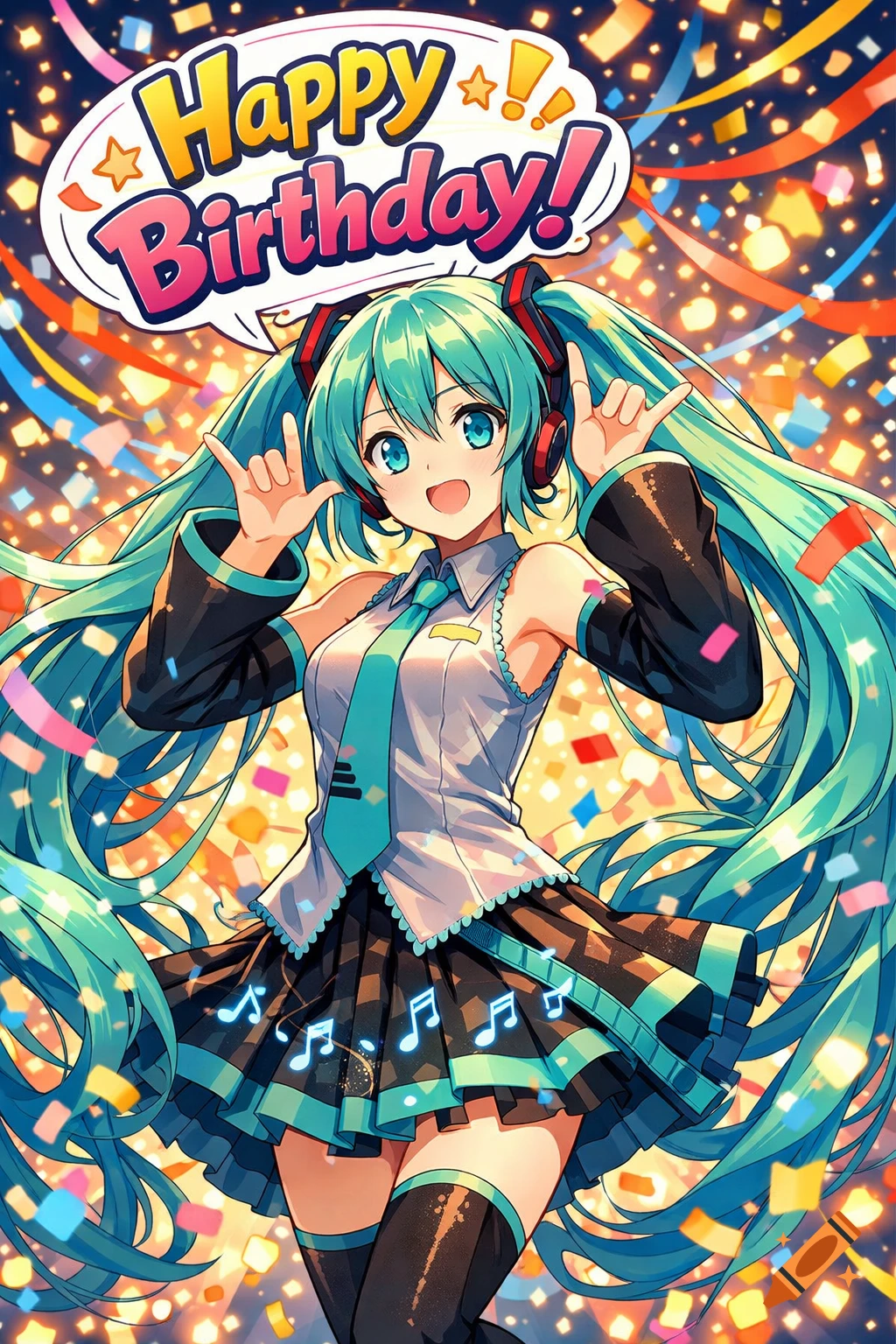 Hatsune Miku celebrating with a 'Happy Birthday!' speech bubble and confetti in anime style.