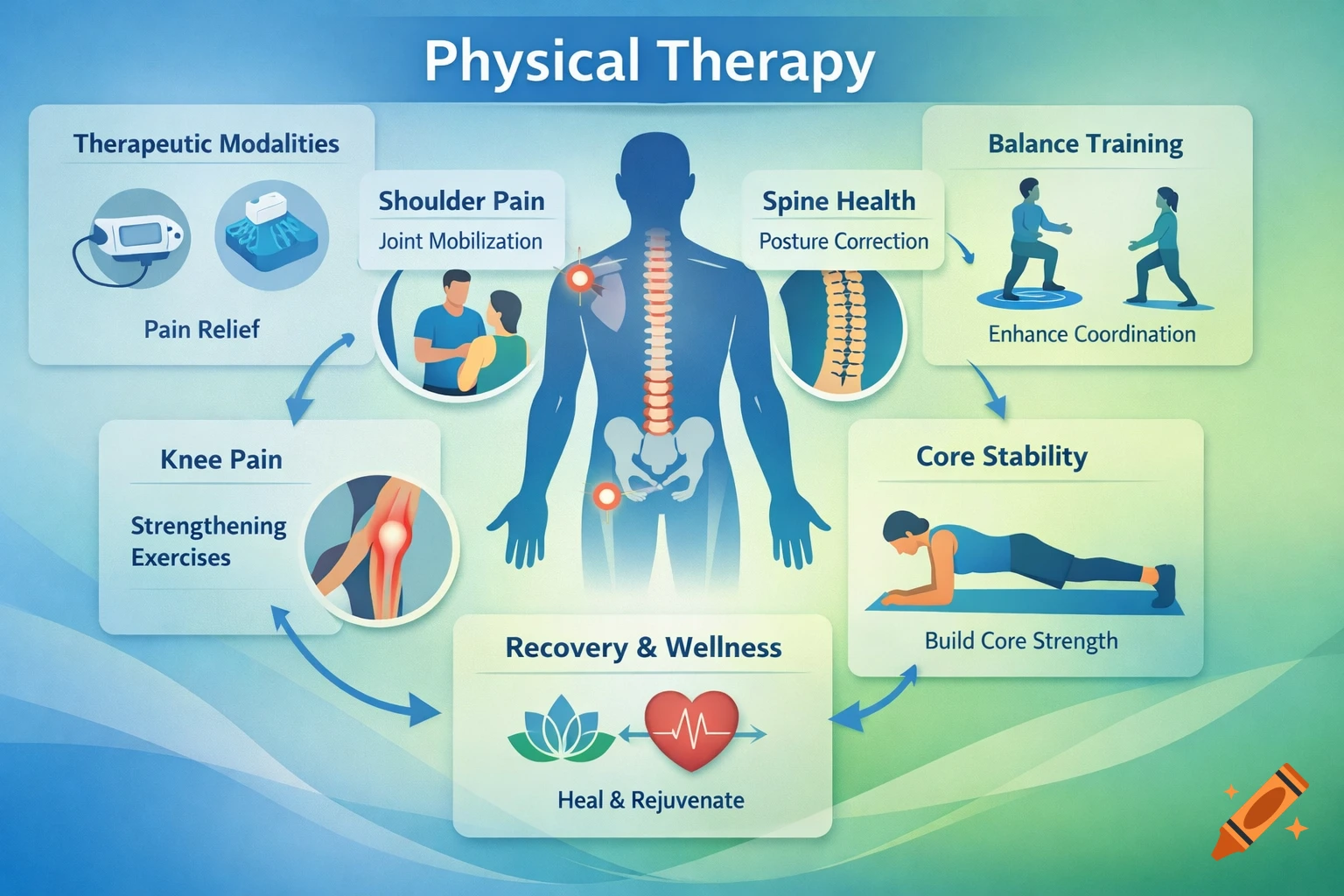 An infographic illustrating various aspects of physical therapy, with a central human figure and sections for different treatments and benefits.