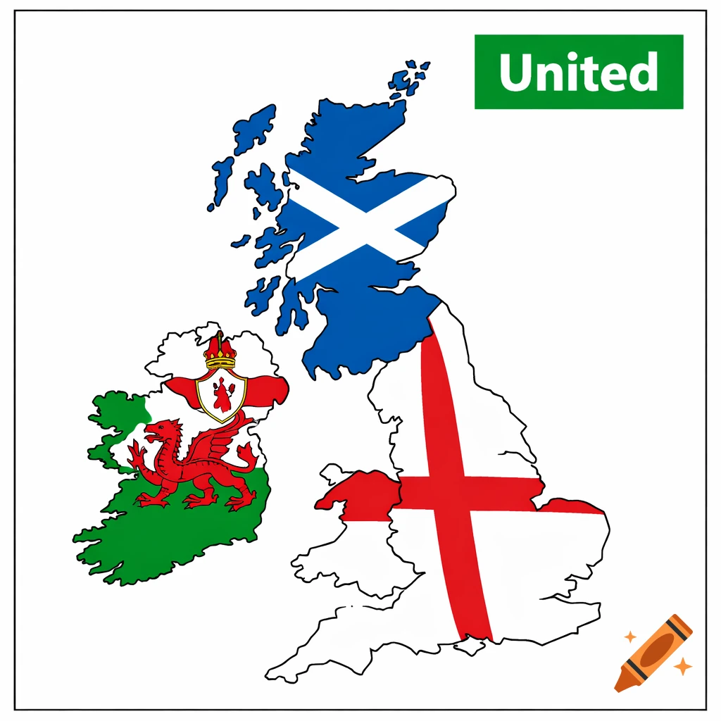 Illustrated map of the United Kingdom with the flags of Scotland and England, and a map of Ireland with a crest, all on a white background with a green rectangle containing the text "United".
