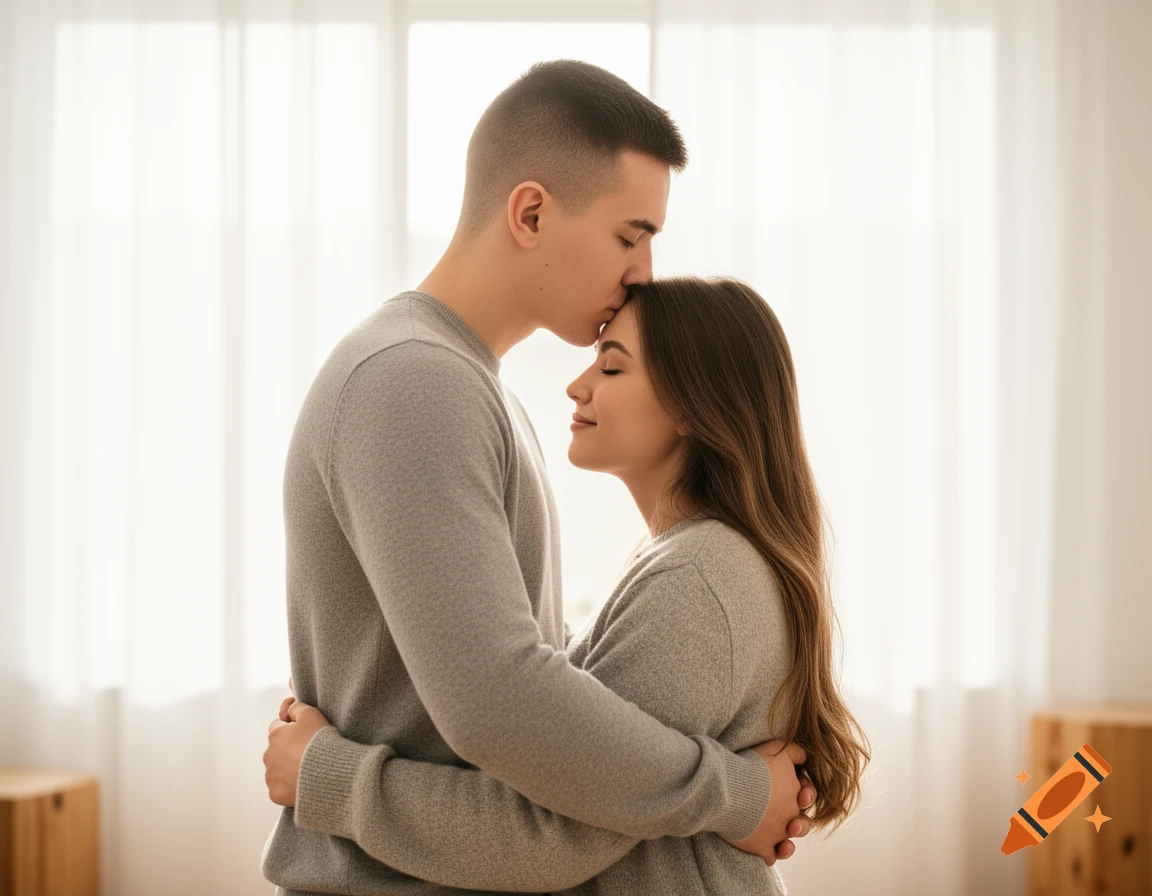 Photorealistic image of a man kissing a woman's forehead while embracing, illuminated by soft window light.