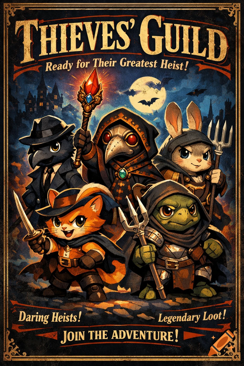 A movie poster in chibi art style featuring a 'Thieves' Guild' of five anthropomorphic animal adventurers: a crow, plague doctor bird, cat, rabbit, and turtle.