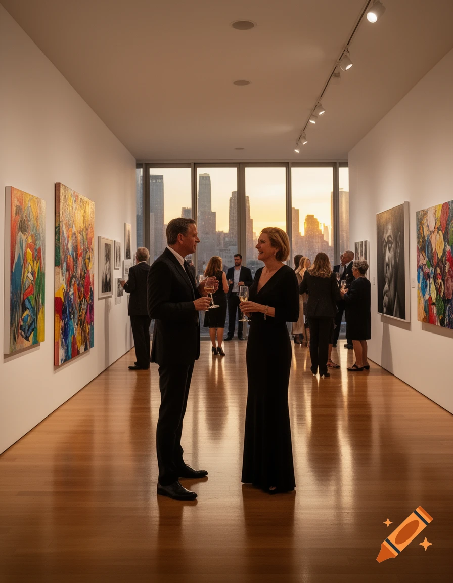 People in formal attire mingle at an art gallery event with a city skyline at sunset visible through large windows.