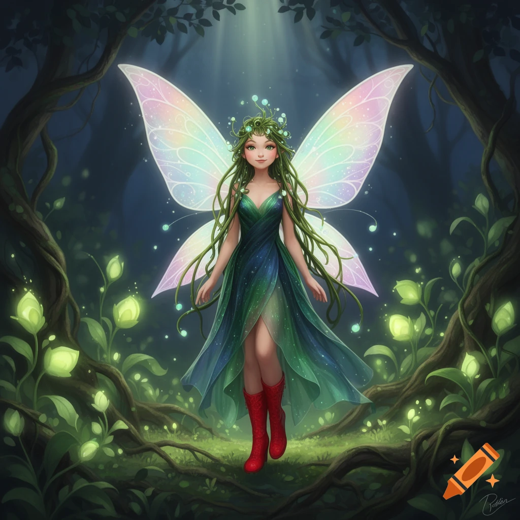 A whimsical green-haired fairy with shimmering, translucent wings and a flowing blue-green dress floats in a magical forest, wearing red boots.
